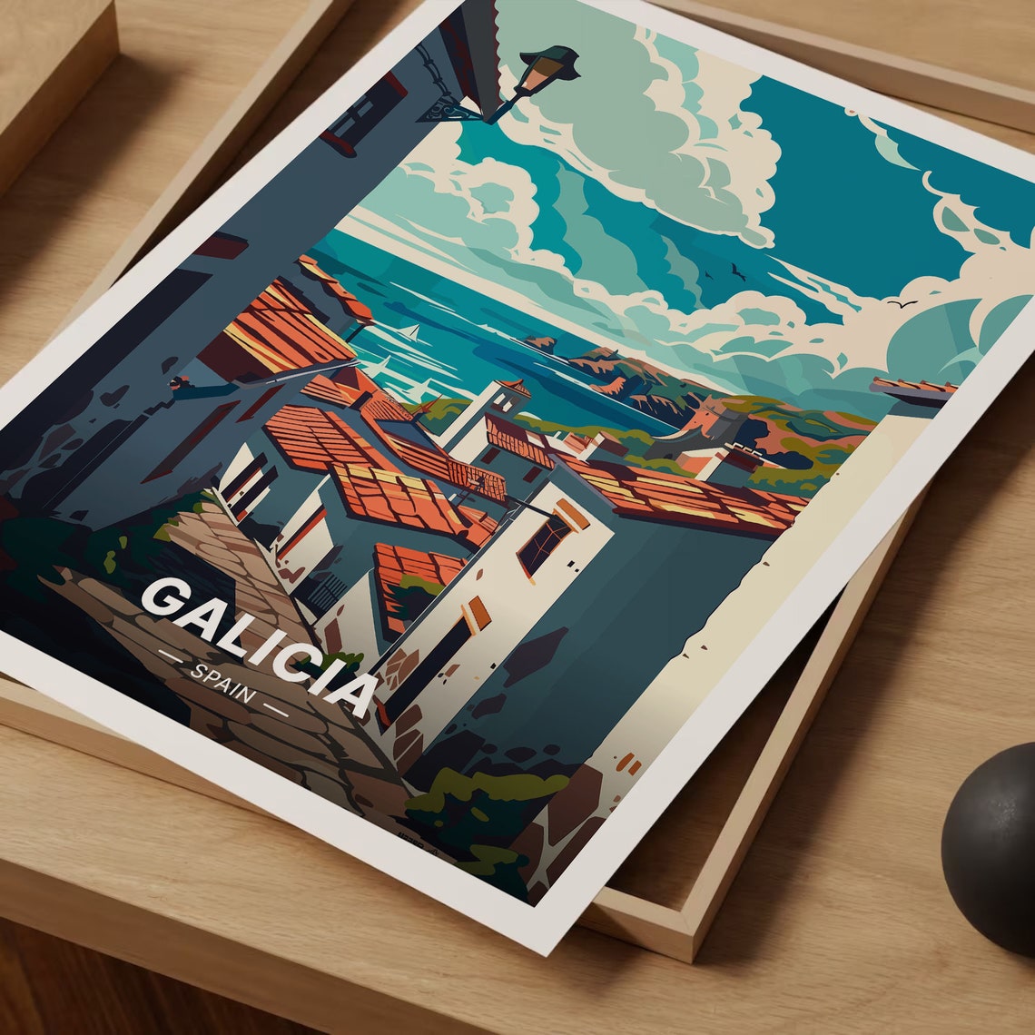 Galicia Spain Coastal Village Street Terracotta Roofs Poster - Image 3