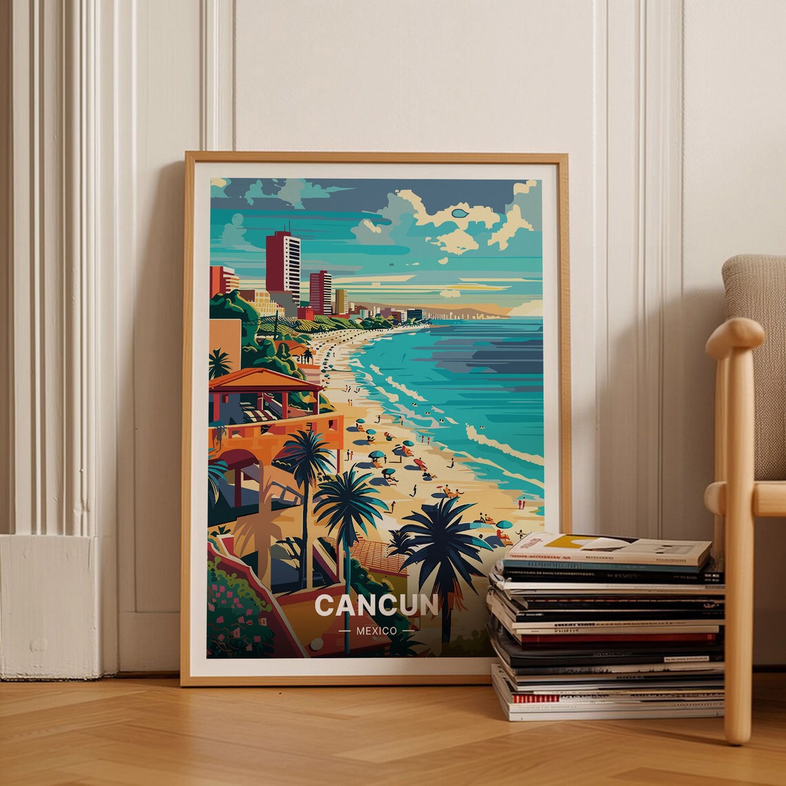 Cancun Mexico Caribbean Beach Cityscape Vintage Travel Poster