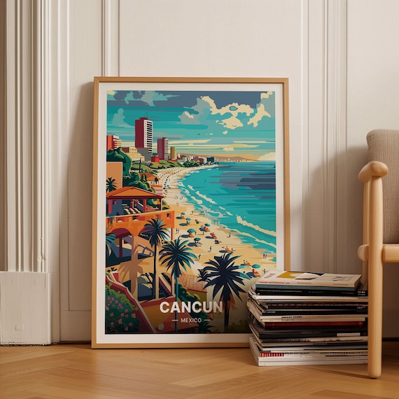 Cancun Mexico Caribbean Beach Cityscape Vintage Travel Poster