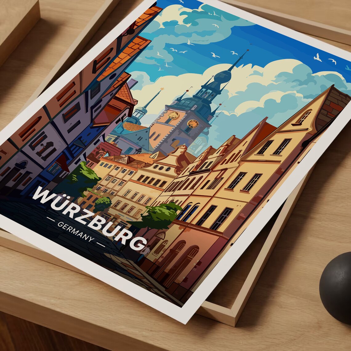 Wurzburg Germany Old Town Clock Tower Street Vintage Travel Poster - Image 3