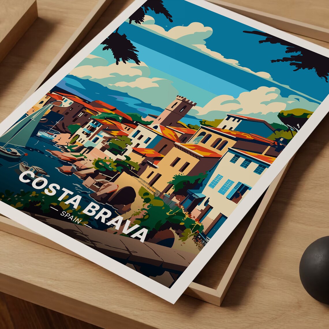 Costa Brava Spain Travel Poster Coastal Village Tower Sailboat Art - Image 3