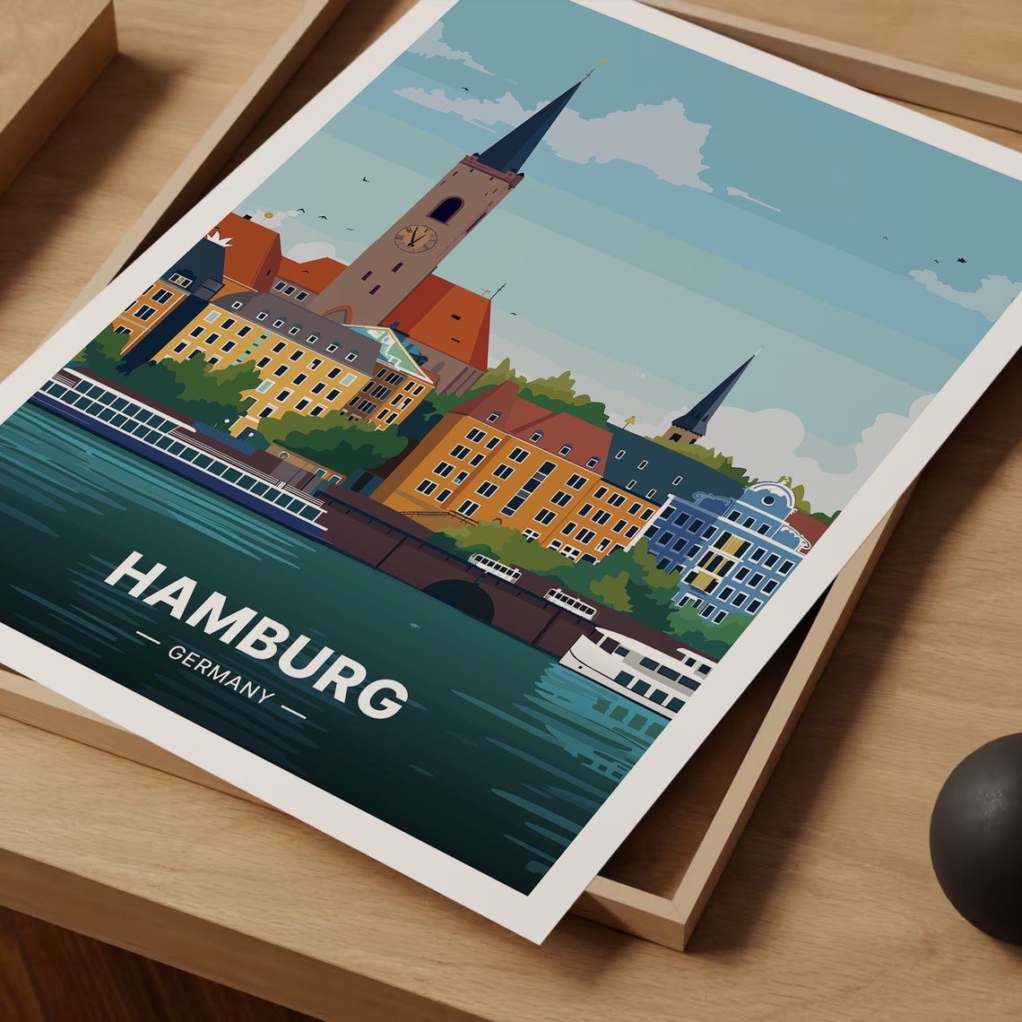 Hamburg Germany Harbor Skyline Clock Tower River Boats Travel Poster - Image 3