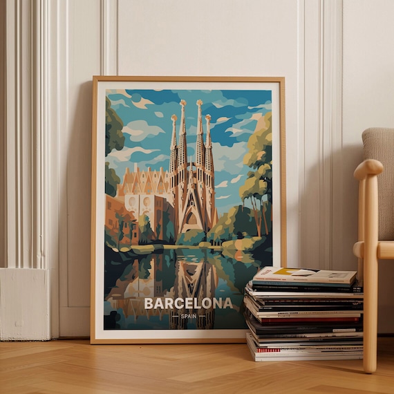 Barcelona Spain Sagrada Familia Golden Hour Retro Travel Poster