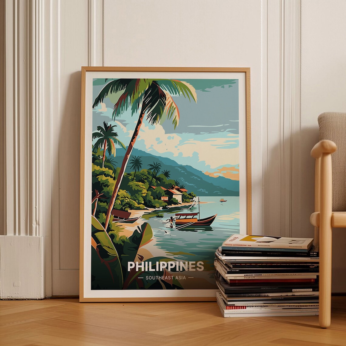 Philippines Travel Poster, Scenic Landscape Illustration