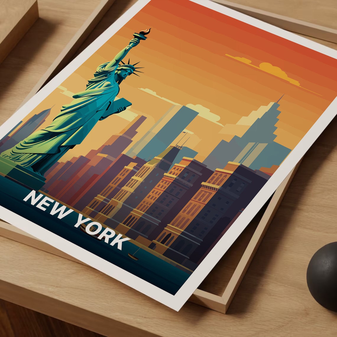 New York Statue of Liberty Sunset Skyline Retro Travel Poster - Image 3