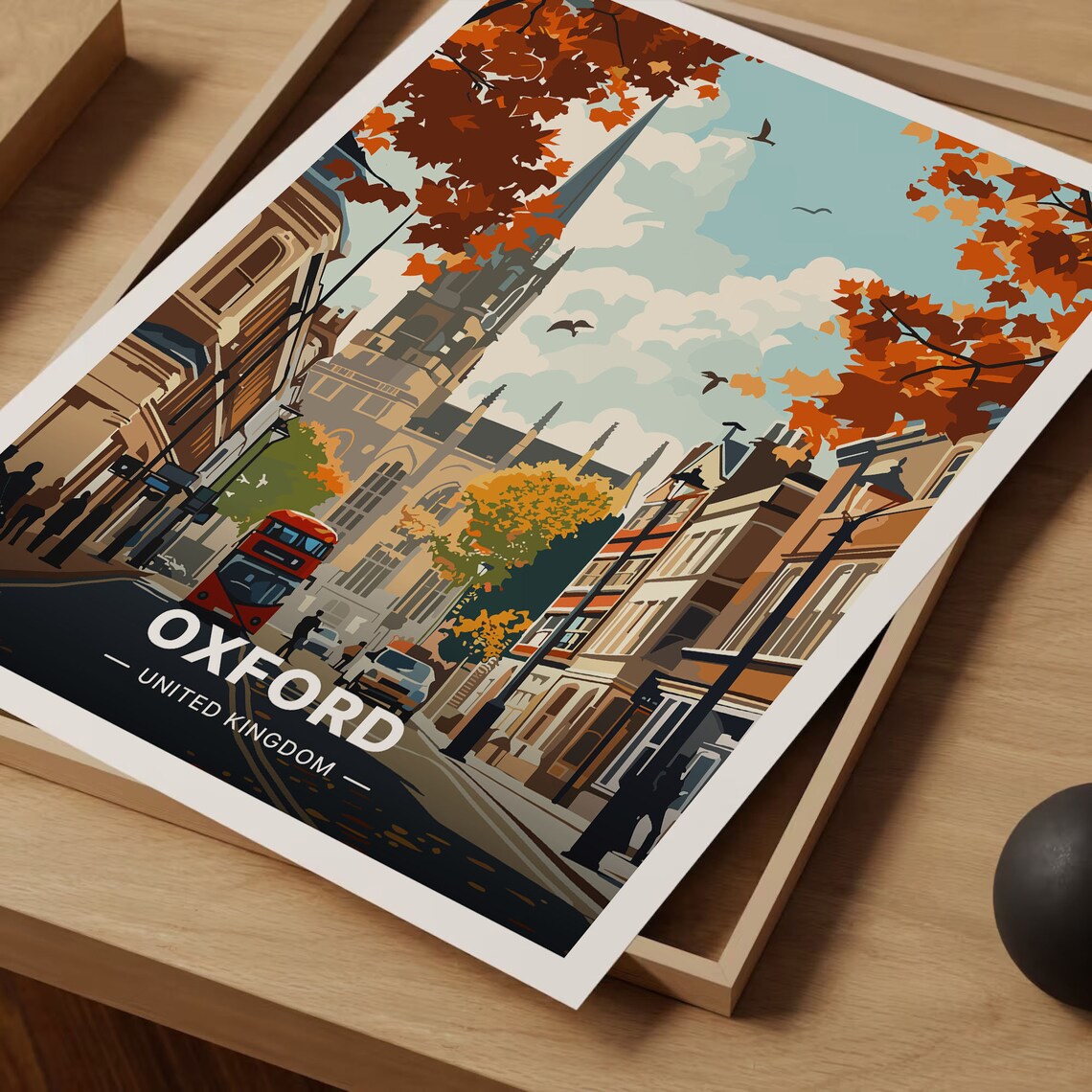 Oxford United Kingdom Autumn Street Red Bus University City Poster - Image 3
