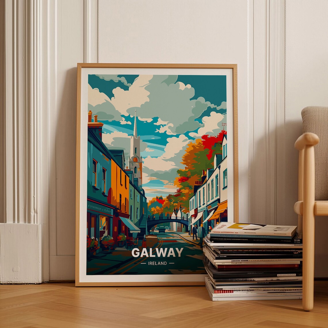 Galway Ireland Travel Poster Colorful Street Church Spire Retro Art