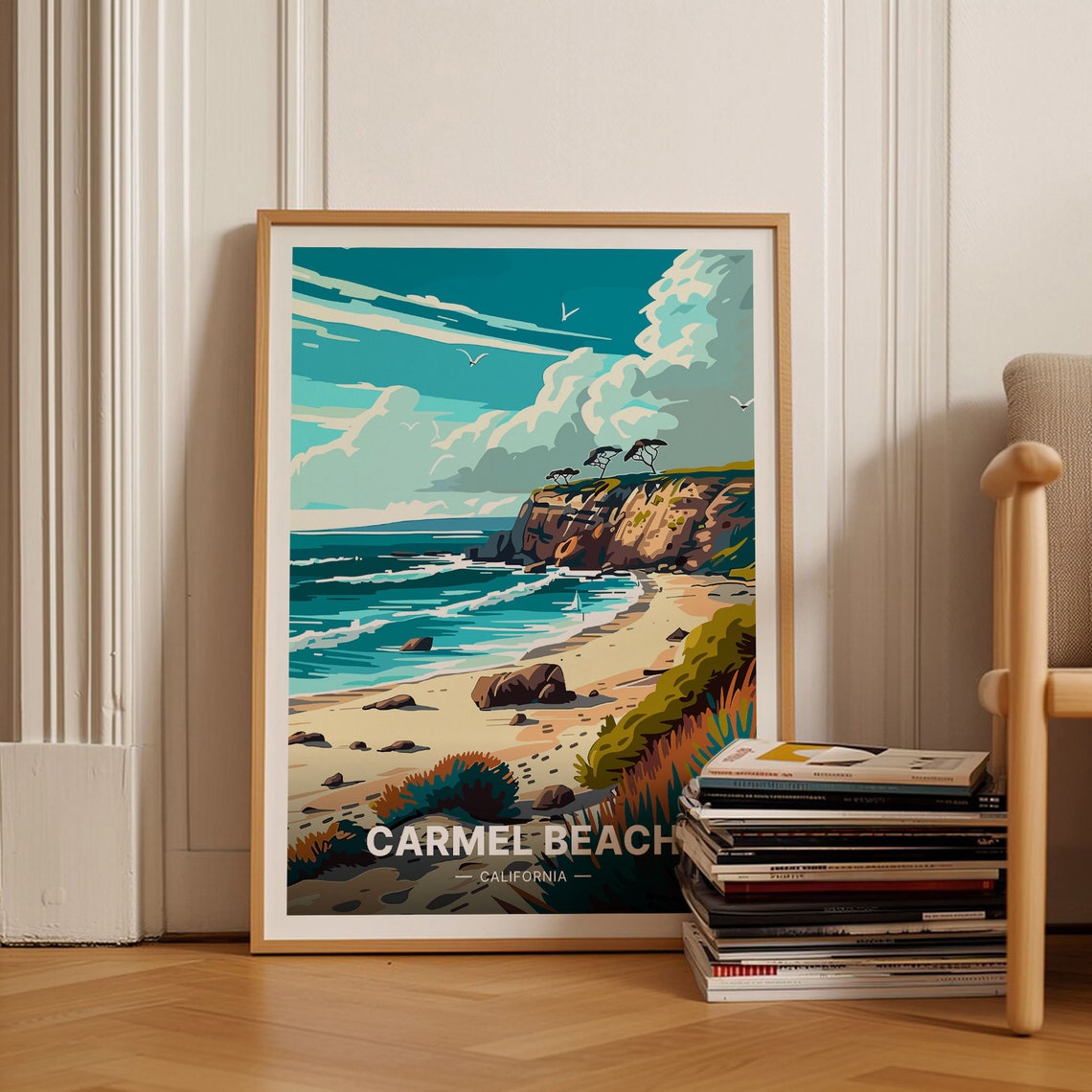 Carmel Beach California Rugged Cliffs Ocean Vintage Travel Poster