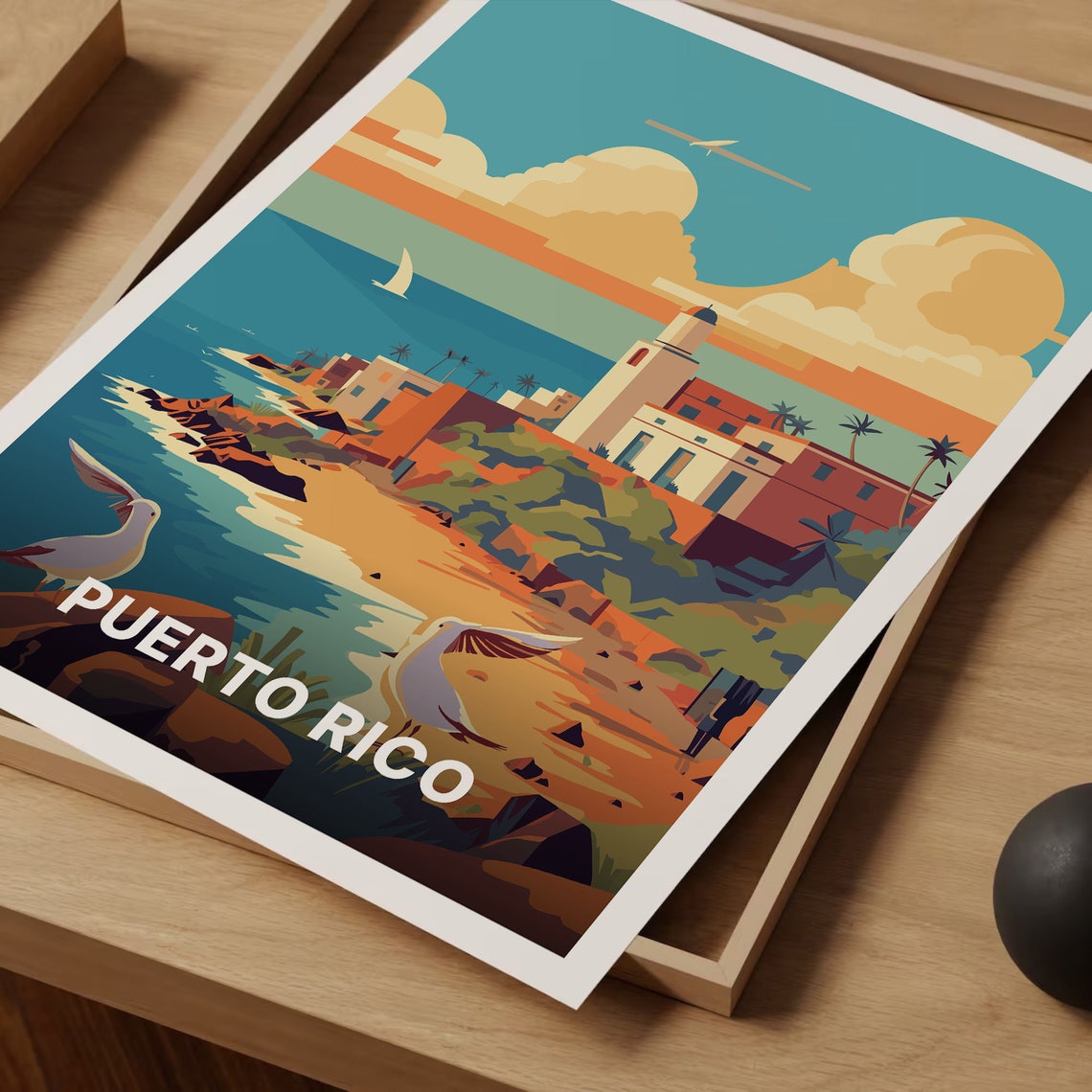 Puerto Rico Coastal Fort Beach Seagulls Sunset Travel Poster - Image 3