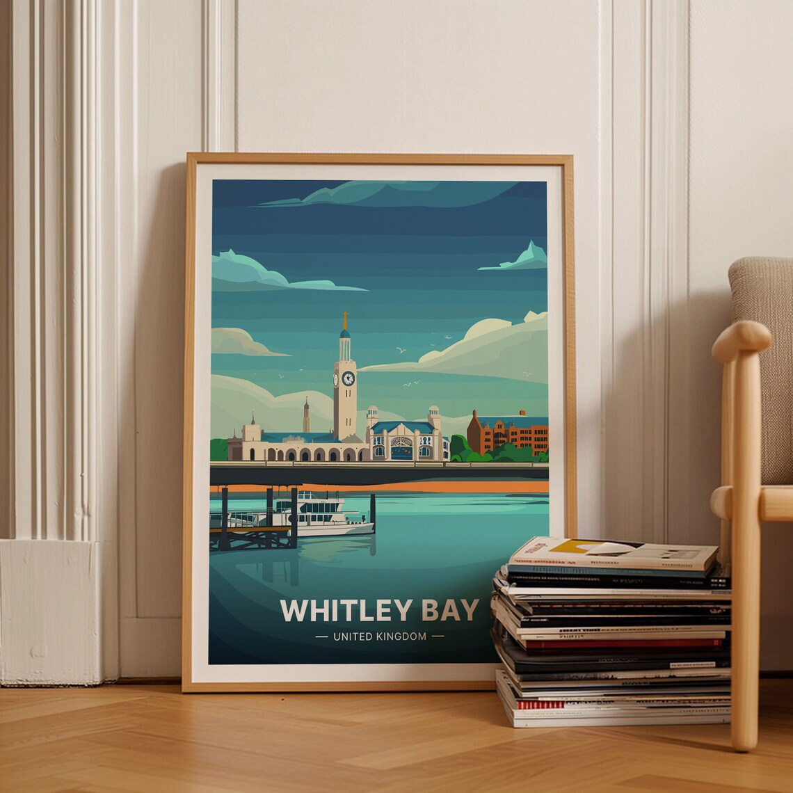 Whitley Bay England Clock Tower Seaside Pier Vintage Travel Poster