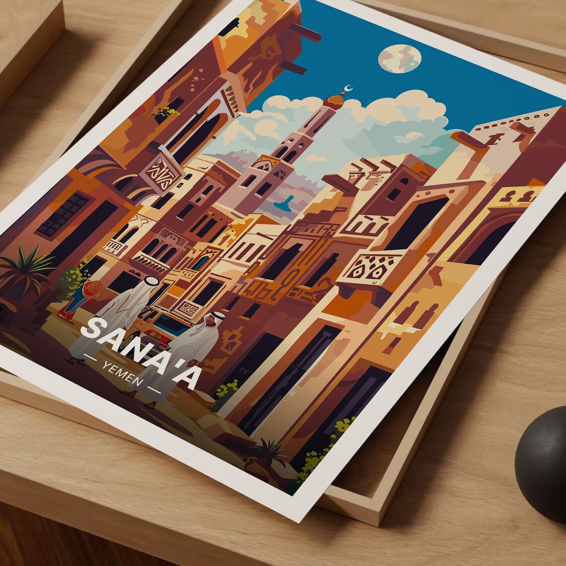 Sanaa Yemen Poster Old City Street Minaret Moon Night Scene Art - Image 3