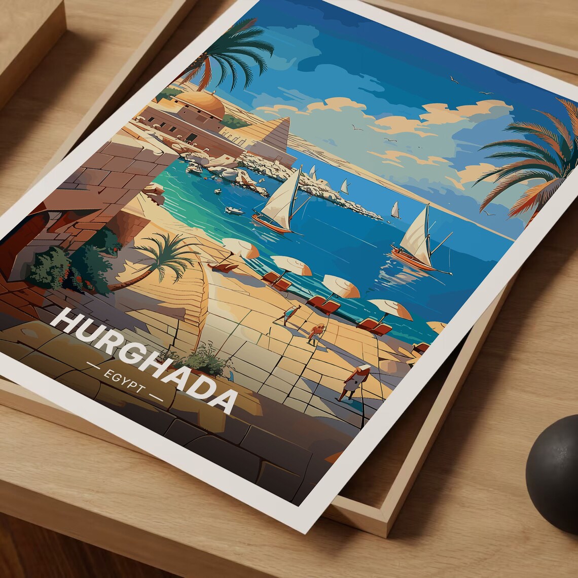 Hurghada Egypt Red Sea Beach Sailing Boats Vintage Travel Poster - Image 3