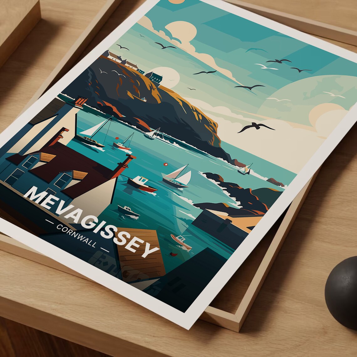 Mevagissey Cornwall Fishing Harbor Sailboats Seagulls Travel Poster - Image 3