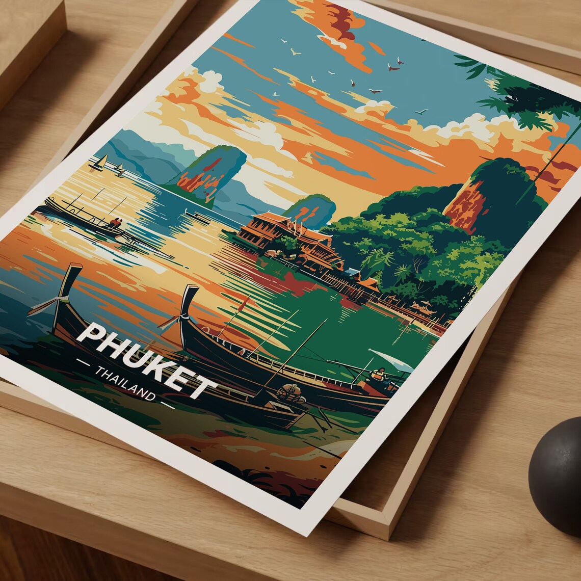 Phuket Thailand Longtail Boats Tropical Bay Sunset Travel Poster - Image 3