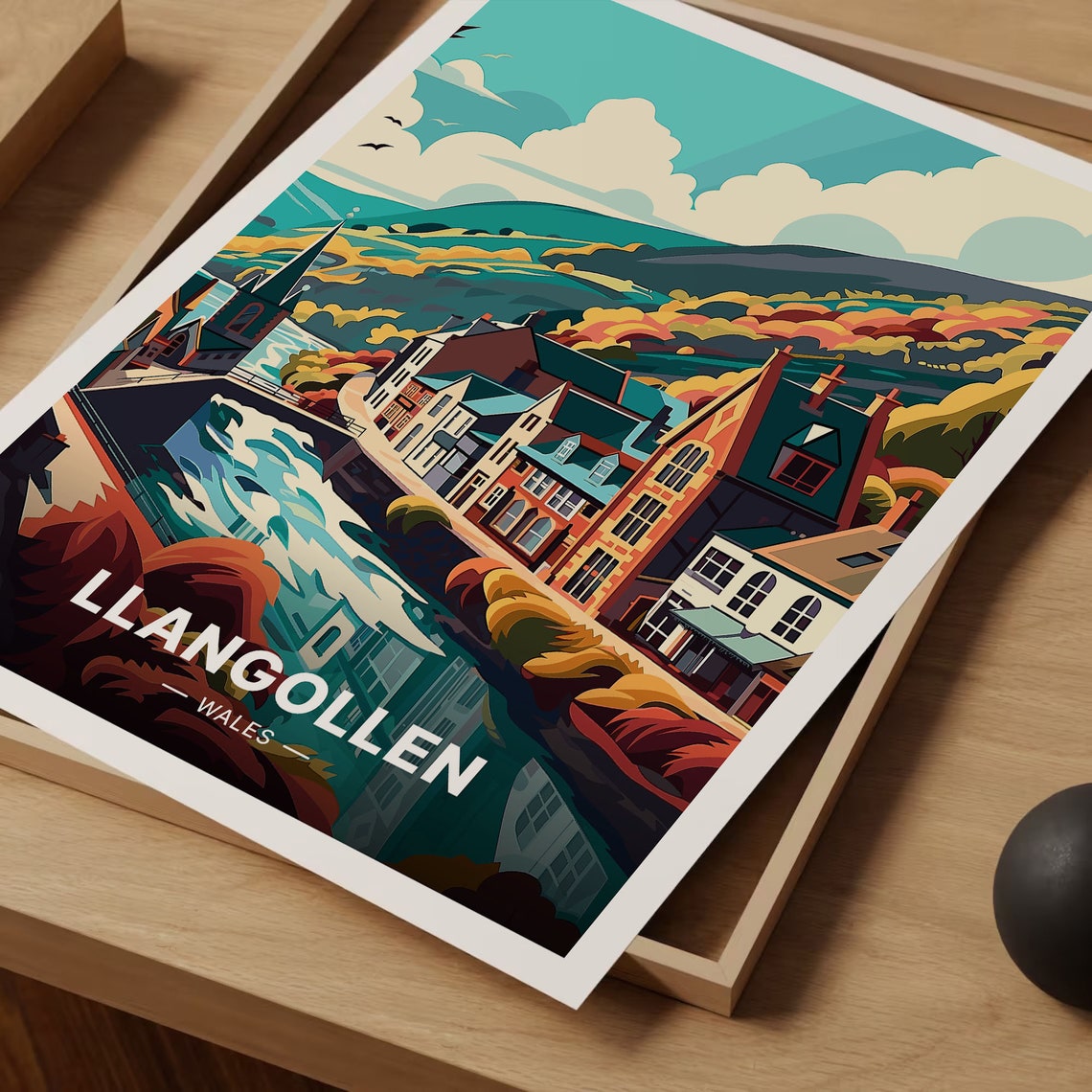 Llangollen Wales Riverside Old Town Church Spire Travel Poster - Image 3