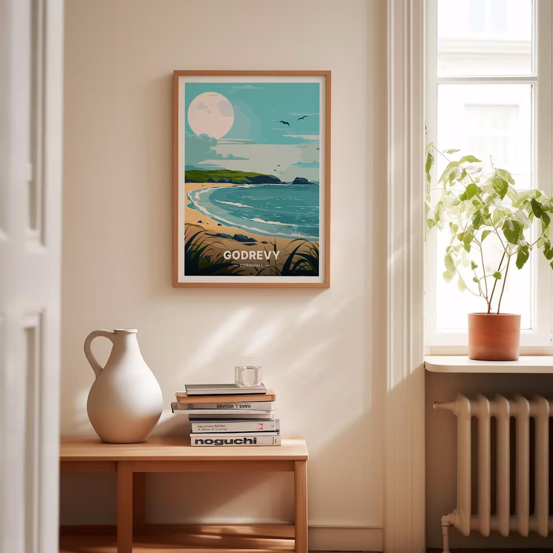 Godrevy Cornwall Moonlit Sandy Beach Waves Retro Travel Poster - Image 4