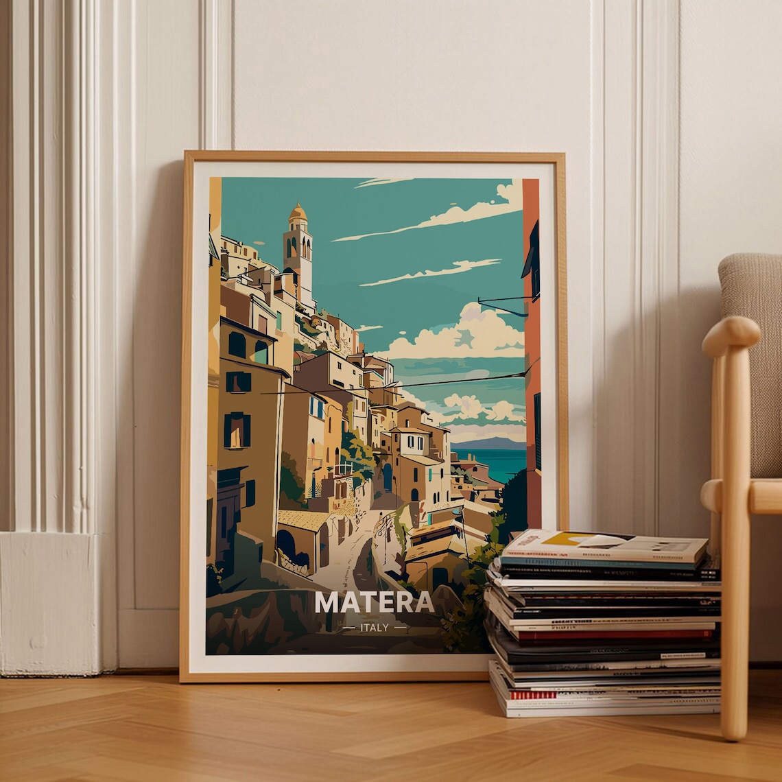 Matera Italy Travel Poster Ancient Hill Town Stone Houses Scene Art