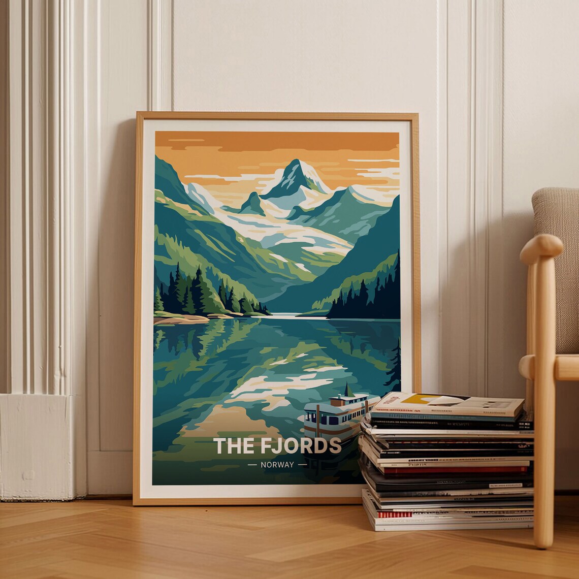 Norway Fjords Mountain Lake Boat Golden Sunset Travel Poster