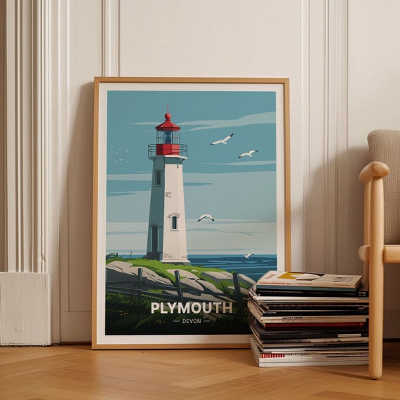 Plymouth Devon Lighthouse Red Cap Seagulls Coastal Travel Poster Art