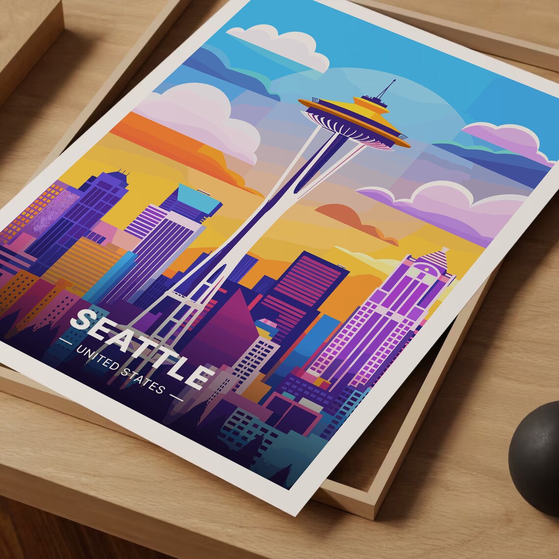 Seattle Skyline Travel Poster, Cityscape Wall Art - Image 3