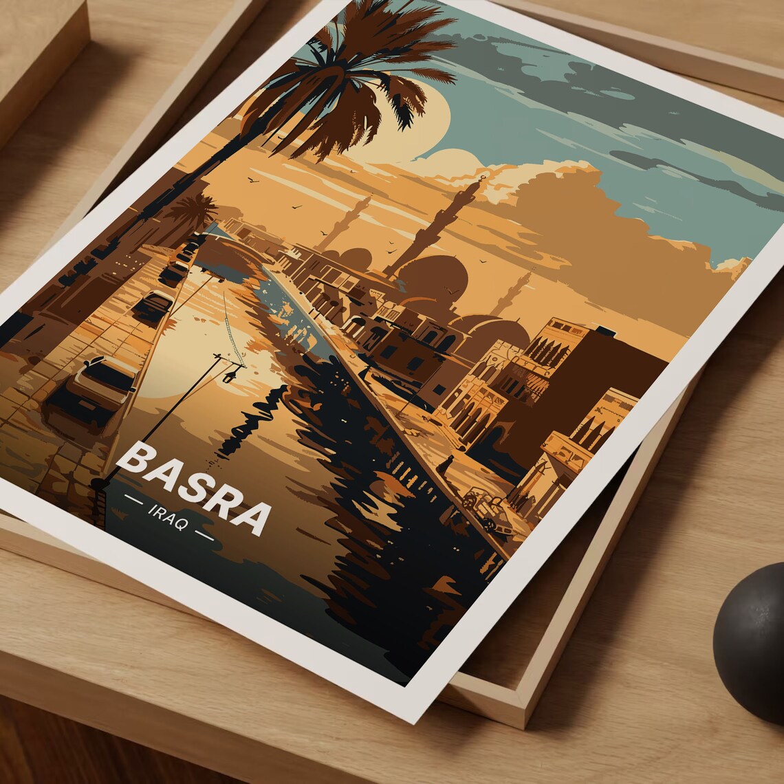 Basra Iraq Golden Sunset Riverside Mosque Skyline Travel Poster - Image 3