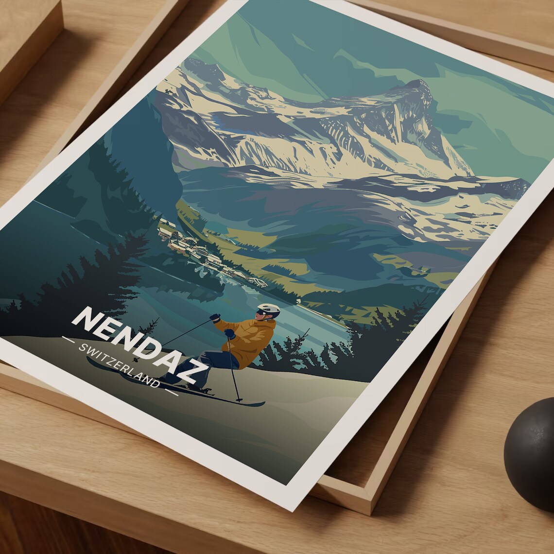 Nendaz Switzerland Alpine Ski Resort Skier Mountain Lake Travel Poster - Image 3