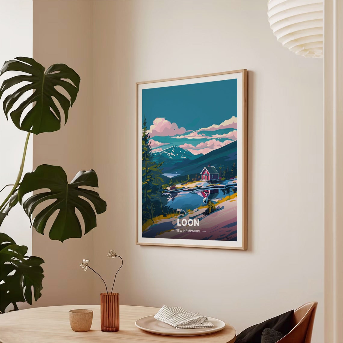 Loon New Hampshire Mountain Lake Red Cabin Ski Adventure Poster - Image 2