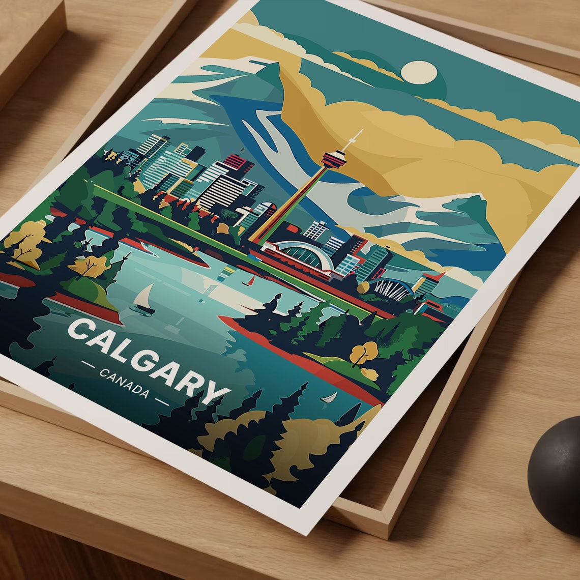 Calgary Canada Tower Skyline River Mountain Backdrop Travel Poster - Image 3