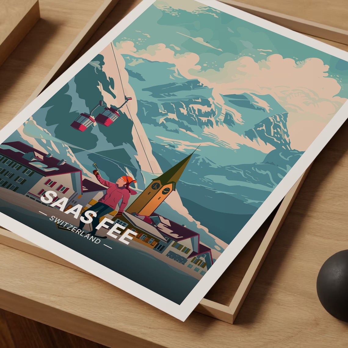 Saas Fee Switzerland Gondolas Alpine Village Peaks Travel Poster - Image 3