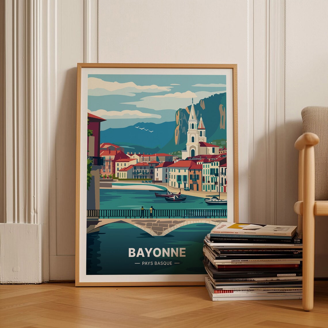 Bayonne Pays Basque Riverside Town Stone Bridge Travel Poster Art