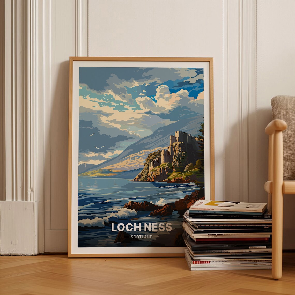 Loch Ness Scotland Castle Ruin Mountain Lake Vintage Travel Poster
