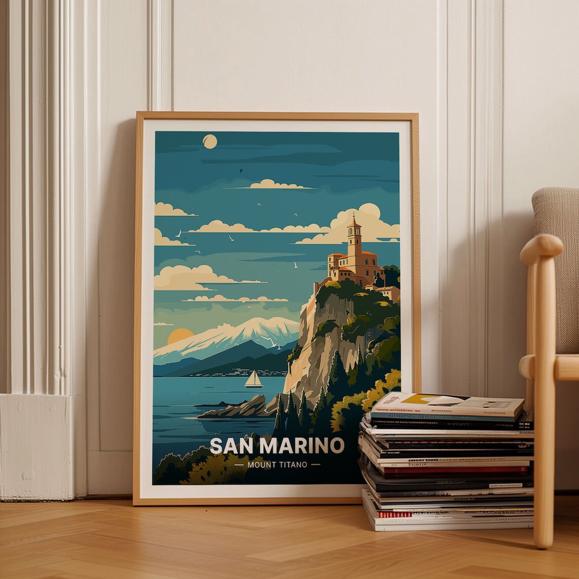 San Marino Mount Titano Cliff Fortress Sailboat Vintage Travel Poster