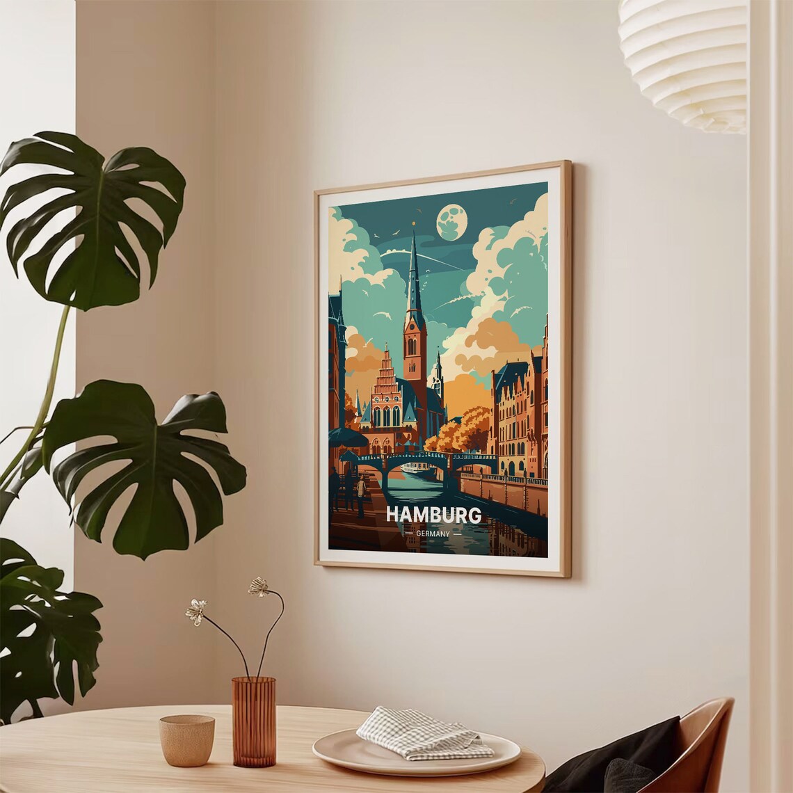 Hamburg Germany Travel Poster Moonlit Canal Bridge Churches Night Art - Image 2