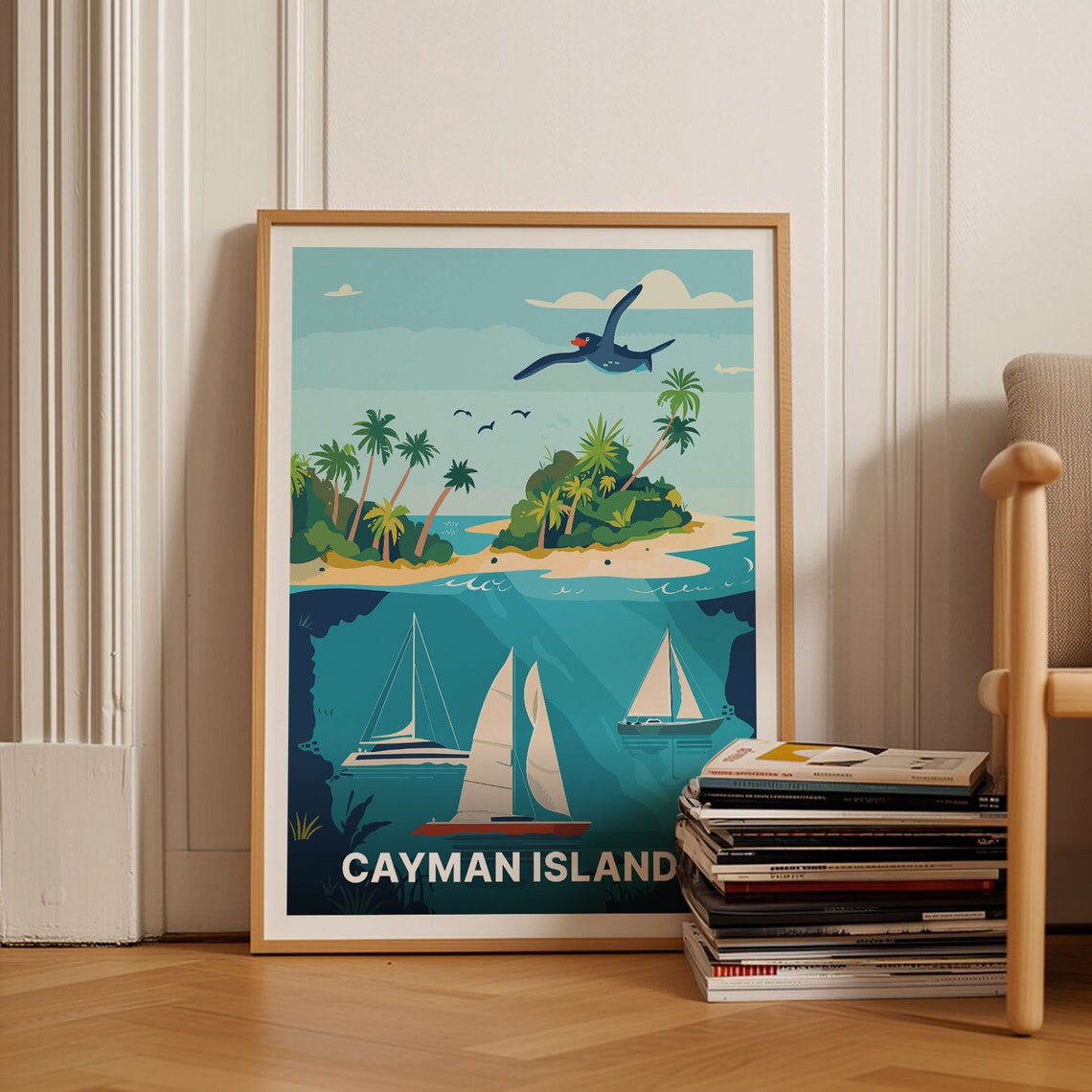 Cayman Island Poster Tropical Sails Palm Beach Caribbean Art