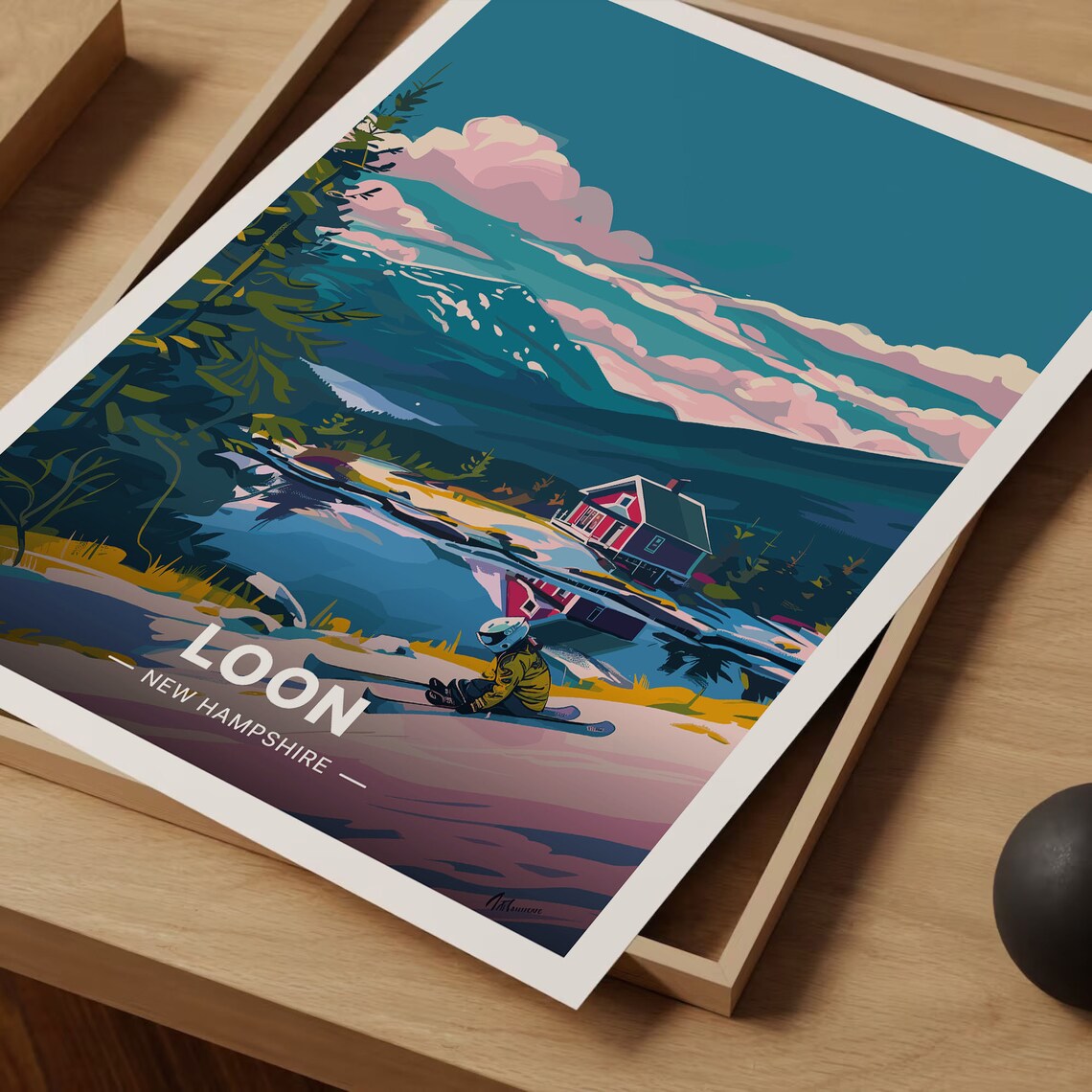 Loon New Hampshire Mountain Lake Red Cabin Ski Adventure Poster - Image 3