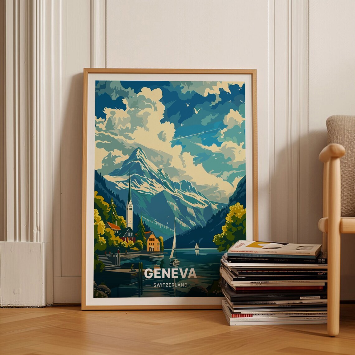 Geneva Travel Poster, Switzerland Landscape Art