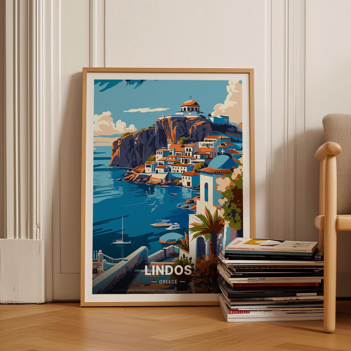 Lindos Greece Travel Poster Acropolis Bay Aegean Village Scene Art