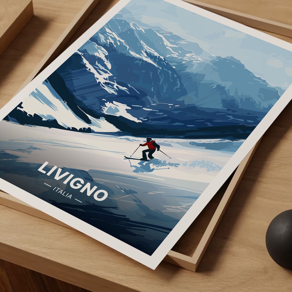 Livigno Italy Solo Skier Powder Descent Alpine Winter Art Poster - Image 3