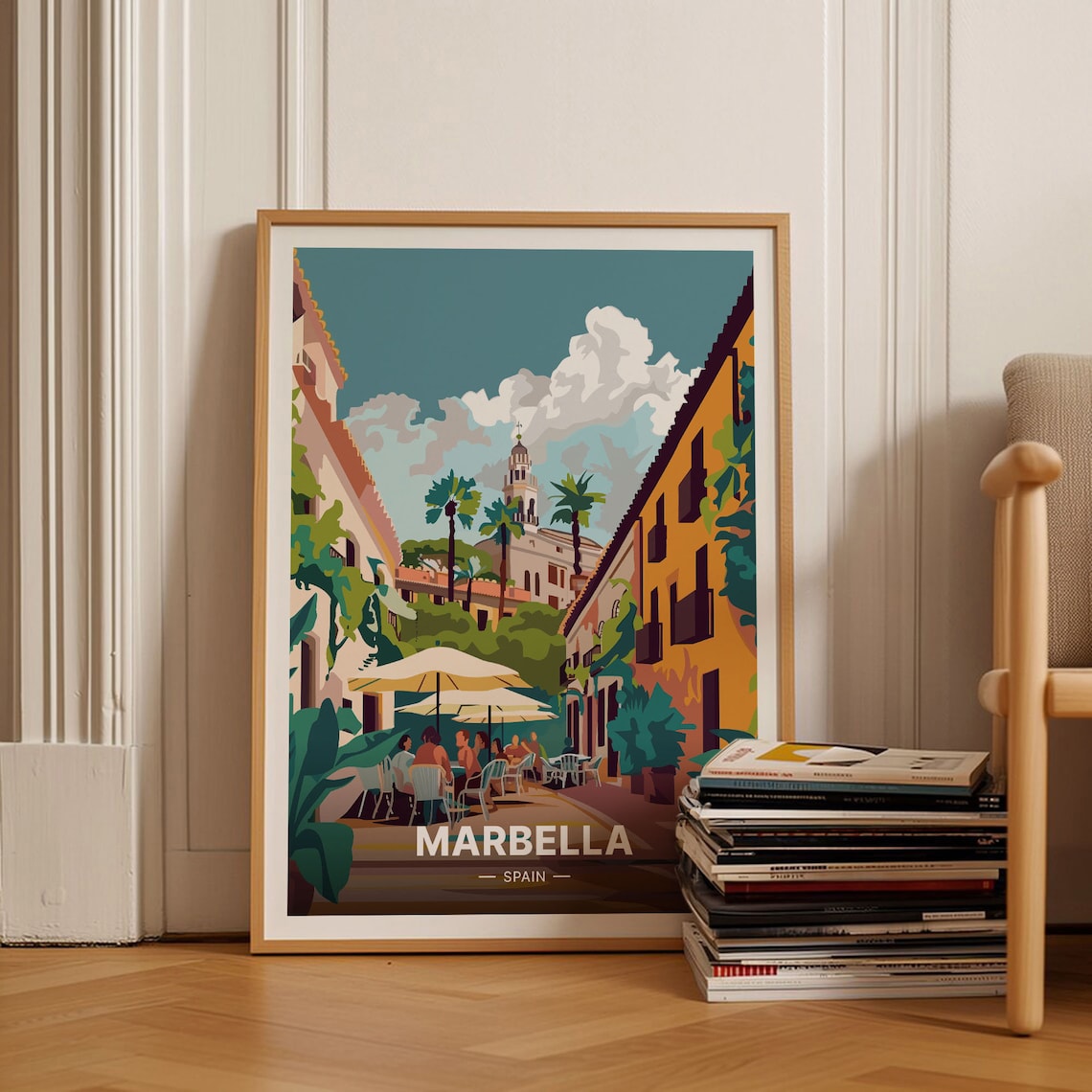 Marbella Spain Old Town Cafe Street Church Palms Vintage Travel Poster