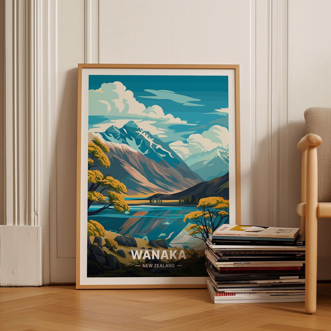 Wanaka New Zealand Alpine Lake Golden Trees Mountain Travel Poster