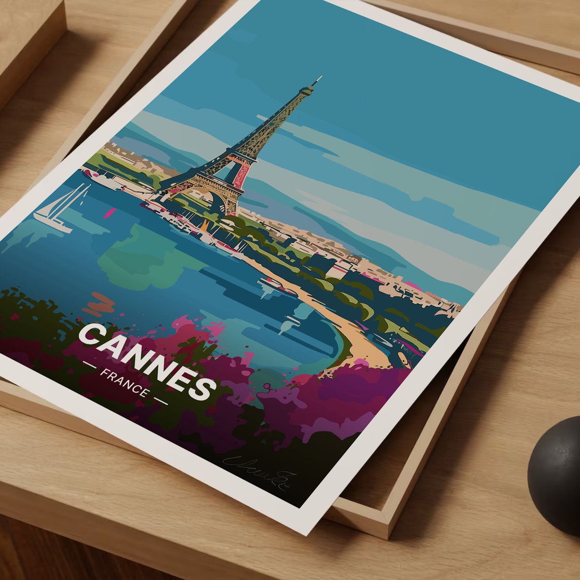 Cannes France Eiffel Tower Harbor Sunset Riviera Travel Poster - Image 3
