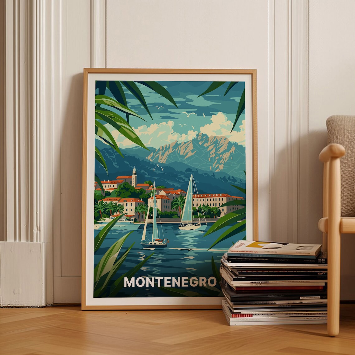 Montenegro Adriatic Bay Sailboats Mountain Coast Vintage Poster