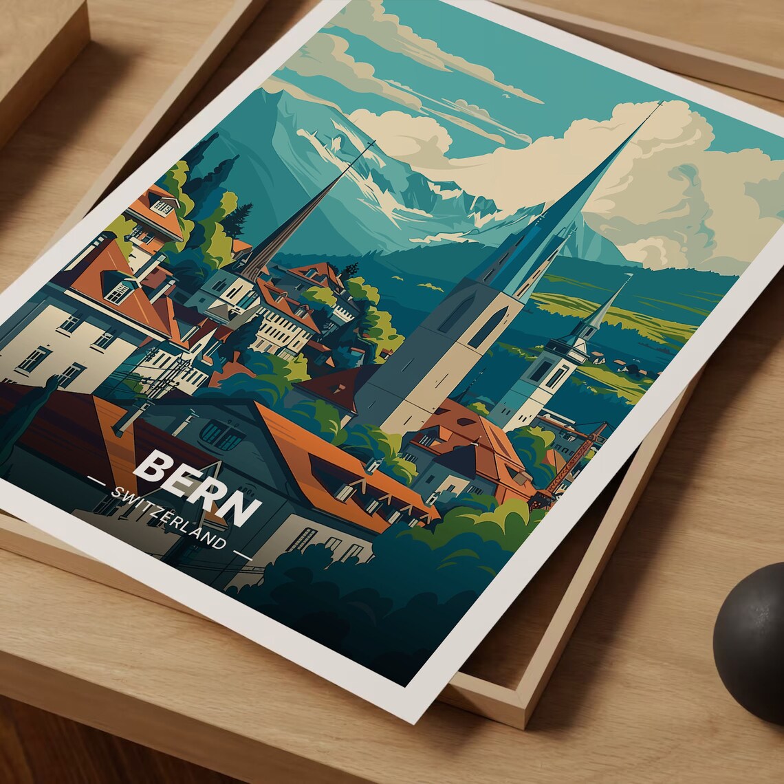 Bern Switzerland Old Town Church Spires Alpine Peaks Travel Poster - Image 3