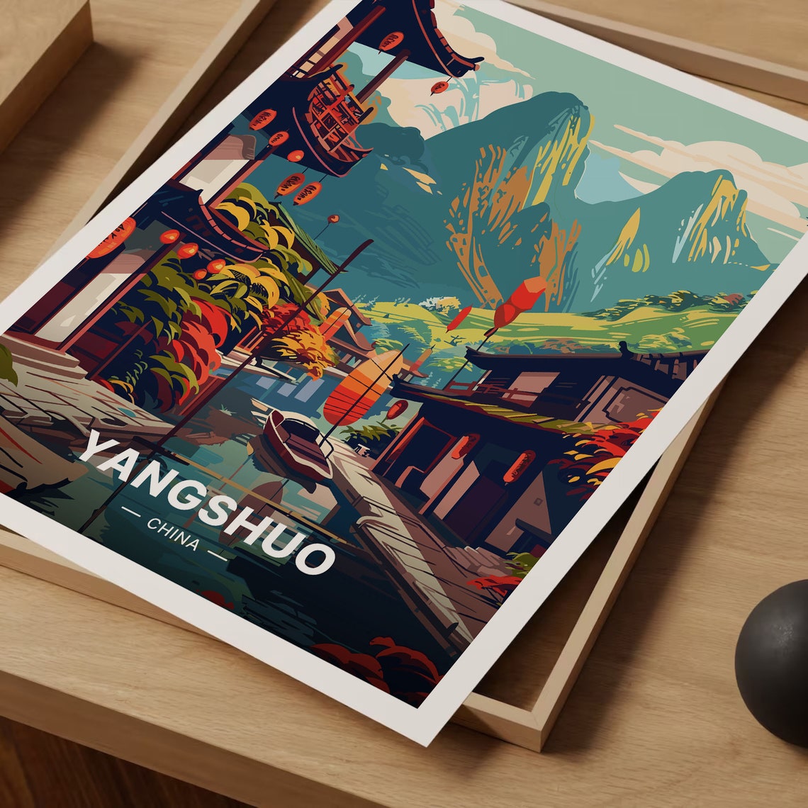 Yangshuo China Karst Mountains Canal Lanterns Vintage Travel Poster - Image 3