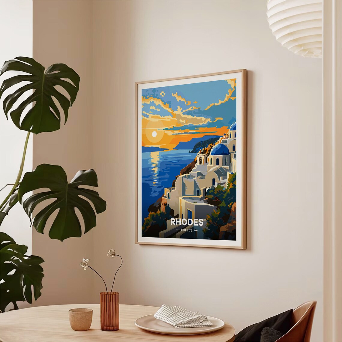 Rhodes Greece Whitewashed Village Blue Domes Sunset Sea View Travel Poster - Image 2
