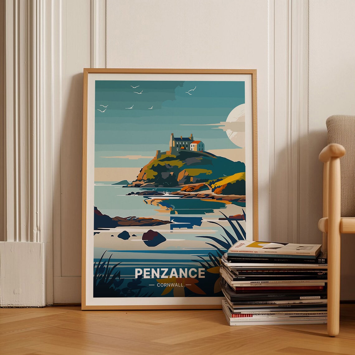 Penzance Cornwall Coastal Headland Moonlight Vintage Travel Poster