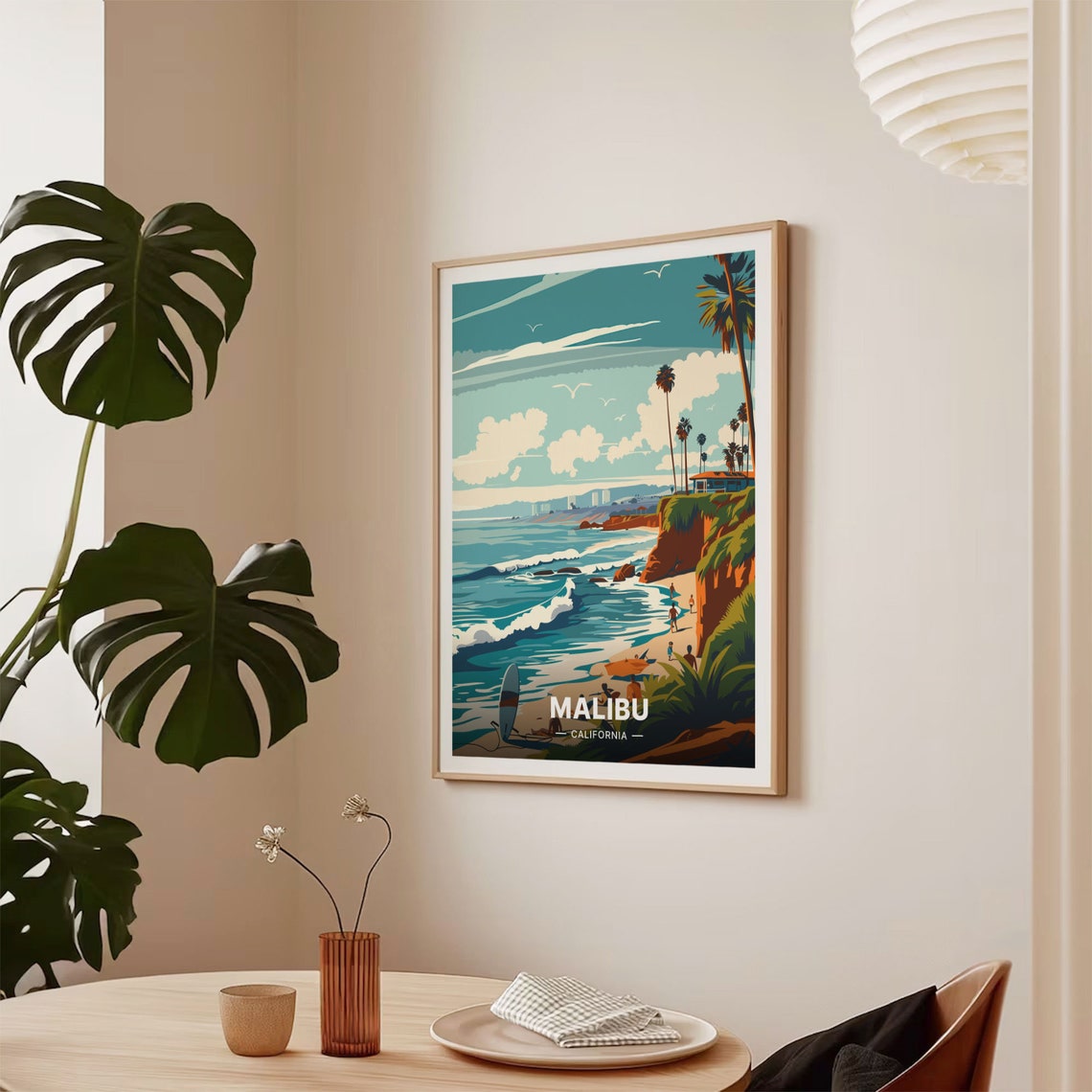 Malibu California Surf Waves Palm Cliffs Vintage Beach Scene Poster - Image 2