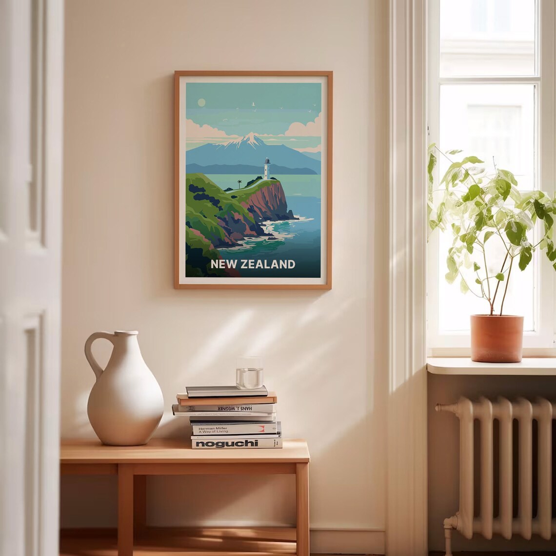 New Zealand Lighthouse Cliff Coast Snowy Mountain Travel Poster - Image 4