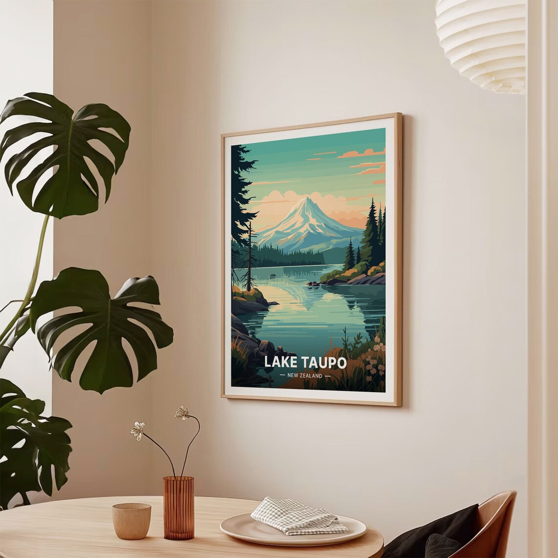 Lake Taupo New Zealand Snow Capped Peak Lakeside Travel Poster - Image 2