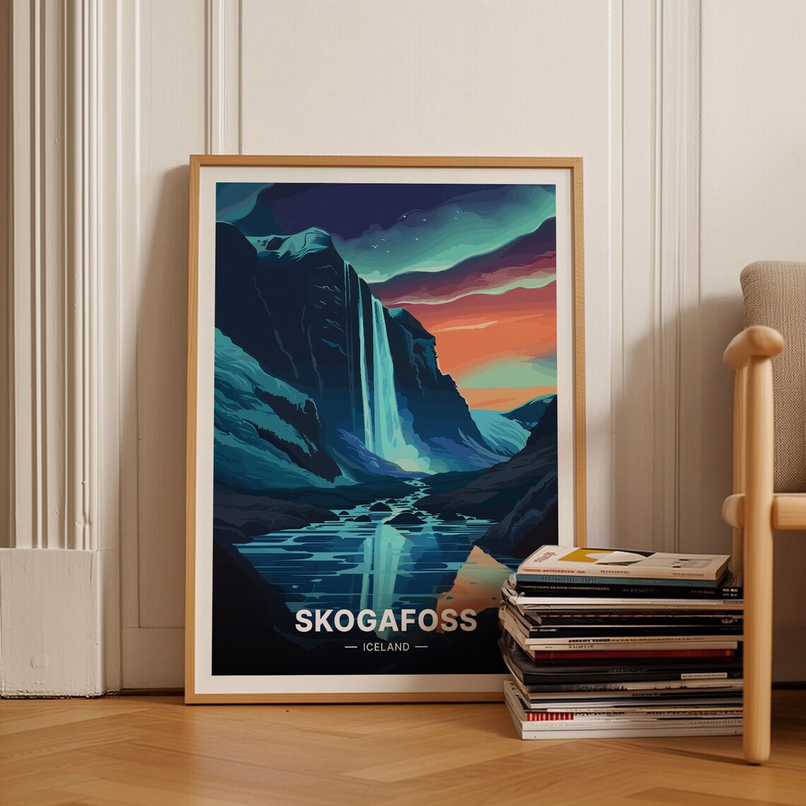 Skogafoss Iceland Waterfall Aurora Night Sky Vintage Travel Poster